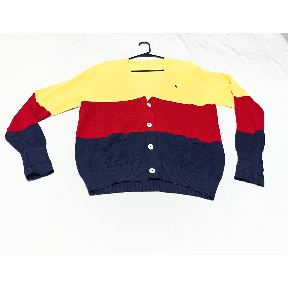 Polo Ralph Lauren Cardigan Sweater Mens Large Colorblock V-Neck Pockets